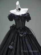 Black A-Line Off-The-Shoulder Tulle 3D Applique Long Formal Prom Dress,Adult Ceremony Graduation Formal Prom Dress