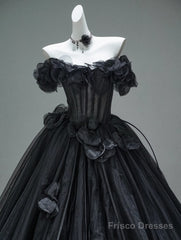 Black A-Line Off-The-Shoulder Tulle 3D Applique Long Prom Dress,Adult Ceremony Graduation Prom Dress