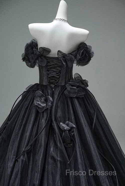 Black A-Line Off-The-Shoulder Tulle 3D Applique Long Formal Prom Dress,Adult Ceremony Graduation Formal Prom Dress