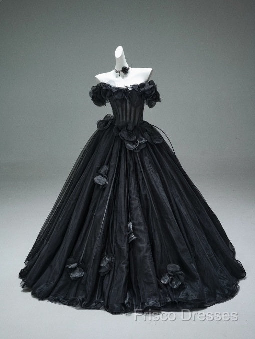 Black A-Line Off-The-Shoulder Tulle 3D Applique Long Formal Prom Dress,Adult Ceremony Graduation Formal Prom Dress