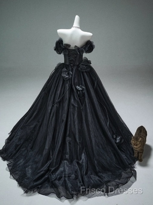 Black A-Line Off-The-Shoulder Tulle 3D Applique Long Formal Prom Dress,Adult Ceremony Graduation Formal Prom Dress