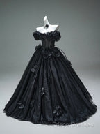 Black A-Line Off-The-Shoulder Tulle 3D Applique Long Formal Prom Dress,Adult Ceremony Graduation Formal Prom Dress