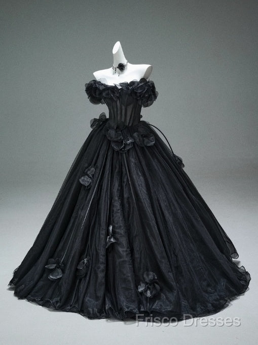 Black A-Line Off-The-Shoulder Tulle 3D Applique Long Formal Prom Dress,Adult Ceremony Graduation Formal Prom Dress