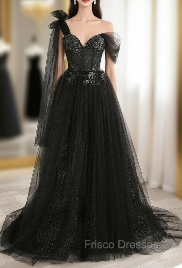Black A line one Shoulder Tulle Long Formal Prom Dress, Black Tulle Formal Dress