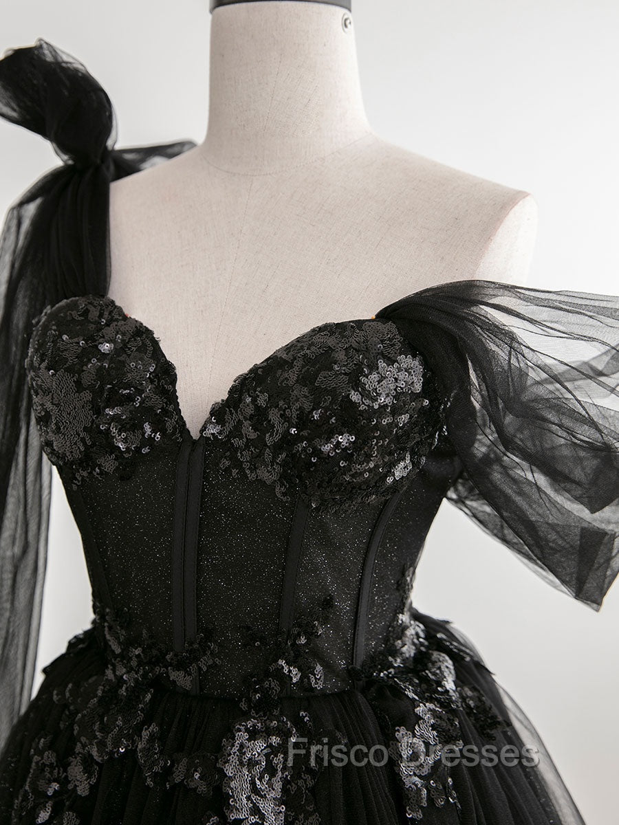 Black A line one Shoulder Tulle Long Formal Prom Dress, Black Tulle Formal Dress