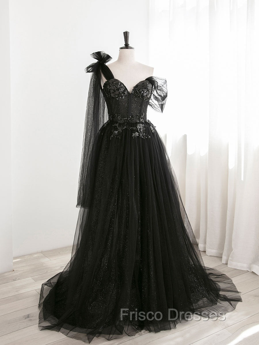 Black A line one Shoulder Tulle Long Formal Prom Dress, Black Tulle Formal Dress
