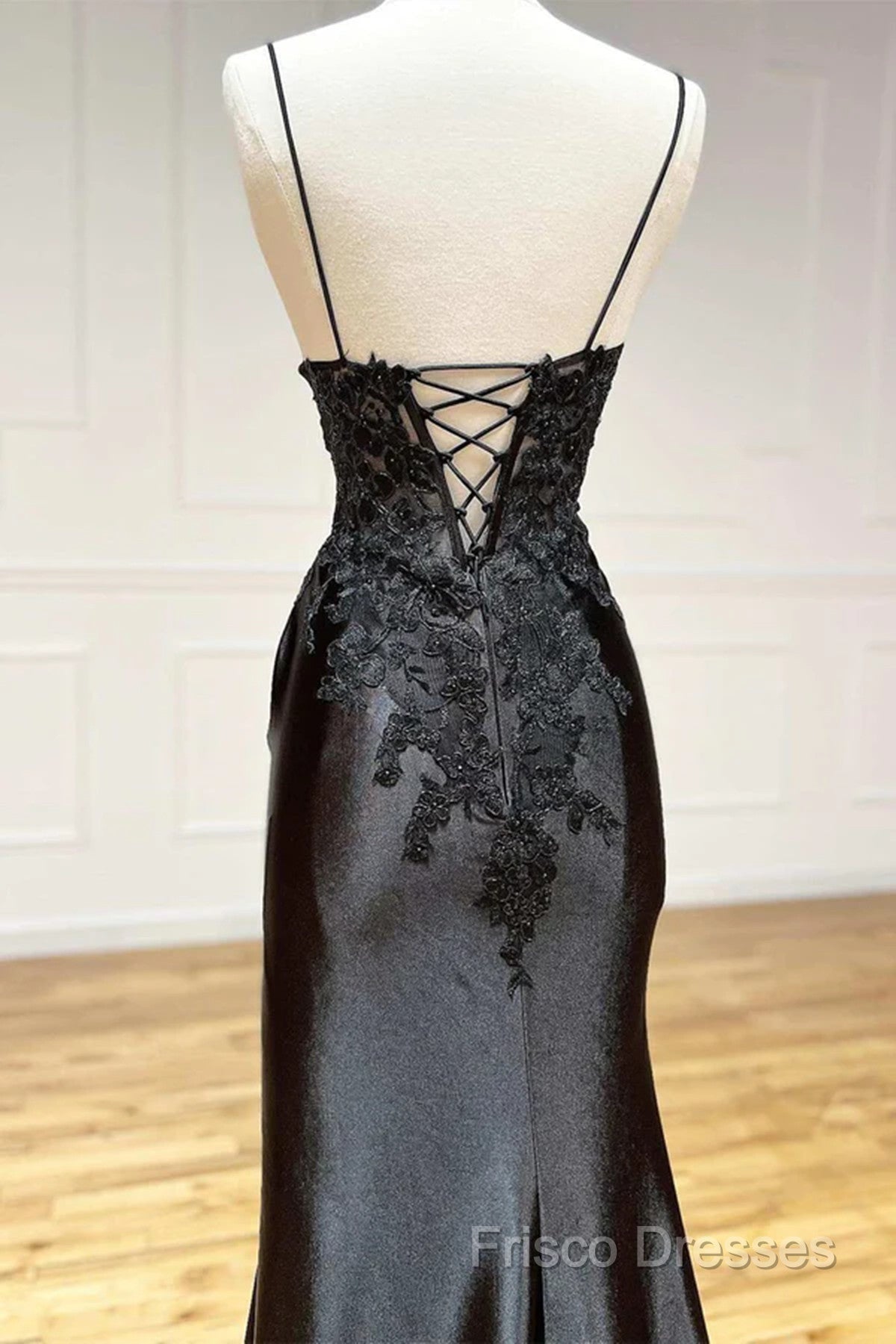 Black A-Line Paghetti Straps Split Lace Applique Formal Prom Dress, Black Formal Dress