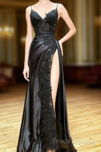 Black A-Line Paghetti Straps Split Lace Applique Formal Prom Dress, Black Formal Dress
