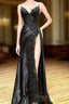 Black A-Line Paghetti Straps Split Lace Applique Formal Prom Dress, Black Formal Dress