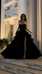 Black A-Line Ruffle Sequin Prom Dresses