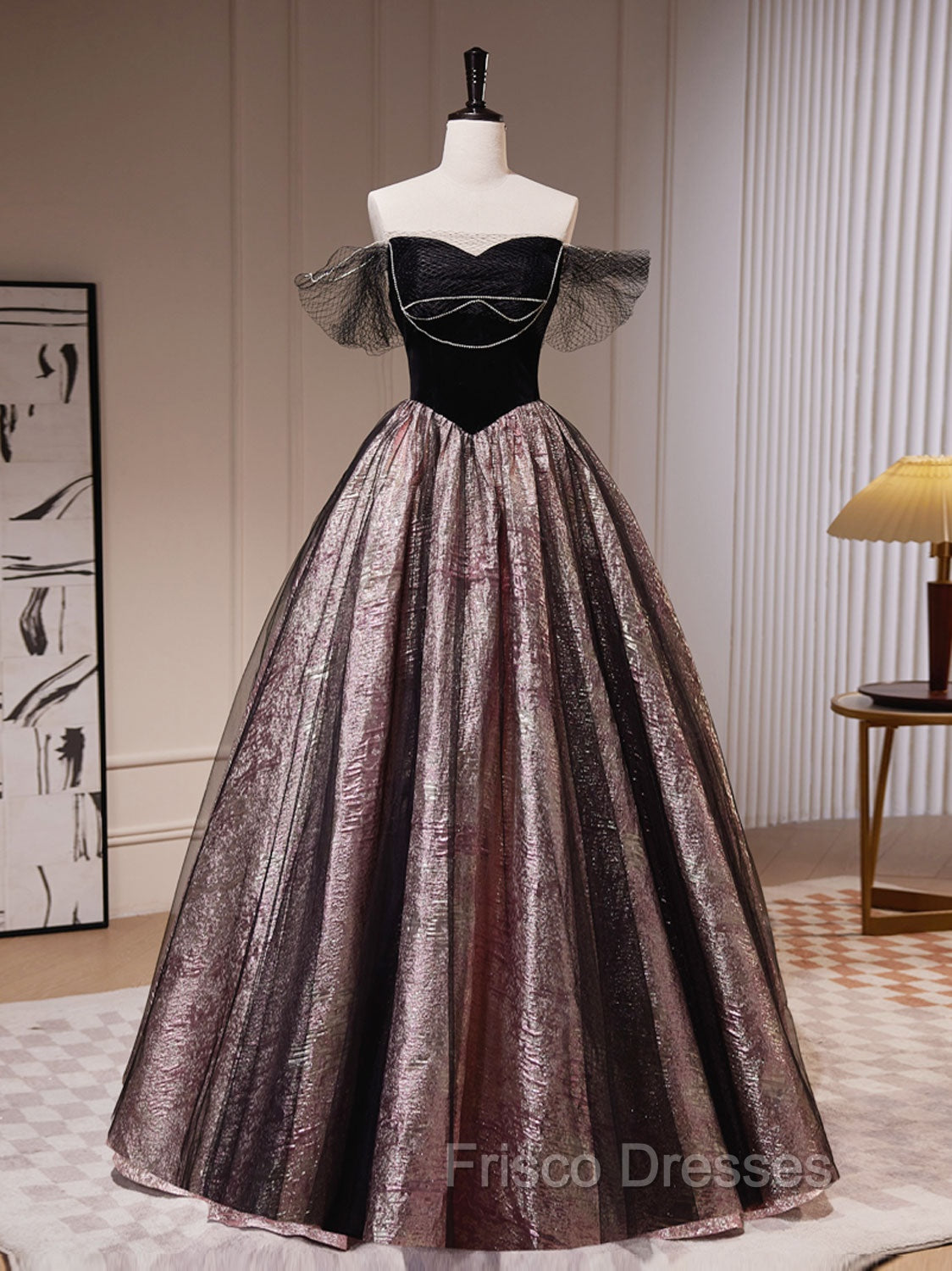 Black A-Line Satin Tulle Long Formal Prom Dress, Black Formal Black Evening Dress