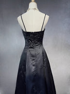 Black A-Line Satin With Lace Applique Prom Dress, Black Straps Long Party Dress