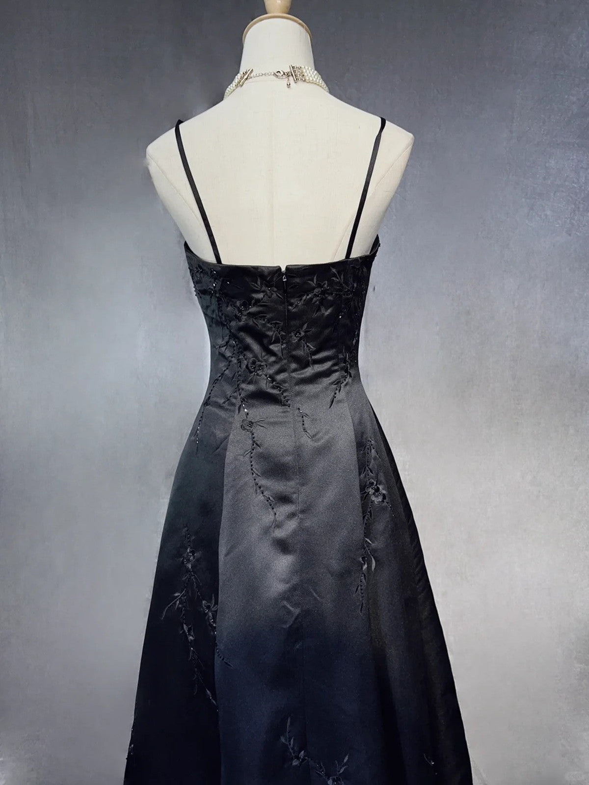 Black A-Line Satin With Lace Applique Prom Dress, Black Straps Long Party Dress