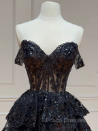 Black A-Line Sequin Tulle Short Formal Prom Dress, Black Homecoming Dress