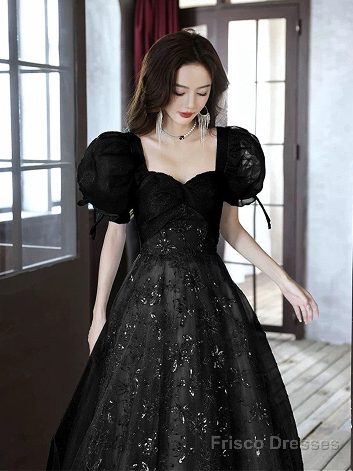 Black A-Line Short Sleeves Lace Floor Length Party Dress, Black Sweetheart Prom Dress Secondary image
