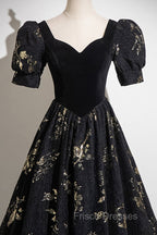 Black A-line Short Sleeves Sweetheart Floral Long PartY Dress, Black Formal Prom Dress