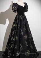 Black A-line Short Sleeves Sweetheart Floral Long PartY Dress, Black Formal Prom Dress