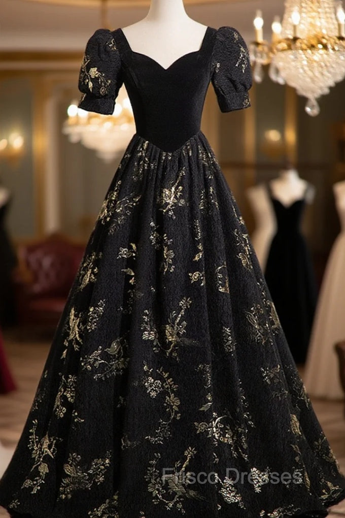 Black A-line Short Sleeves Sweetheart Floral Long PartY Dress, Black Formal Prom Dress Main image