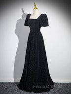 Black A-line Short Sleeves Velvet Simple Party Dress, Black Evening Dress Formal Prom Dress