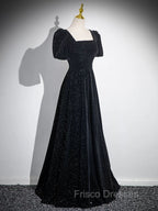 Black A-line Short Sleeves Velvet Simple Party Dress, Black Evening Dress Formal Prom Dress