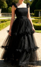 Black A Line Spaghetti Straps Tulle Formal Dress