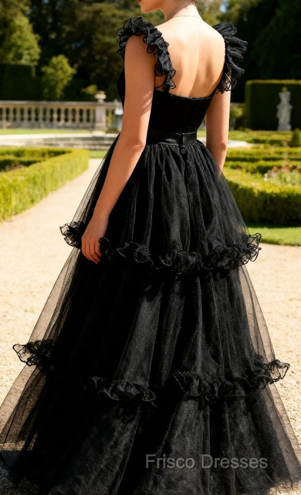 Black A Line Spaghetti Straps Tulle Formal Dress