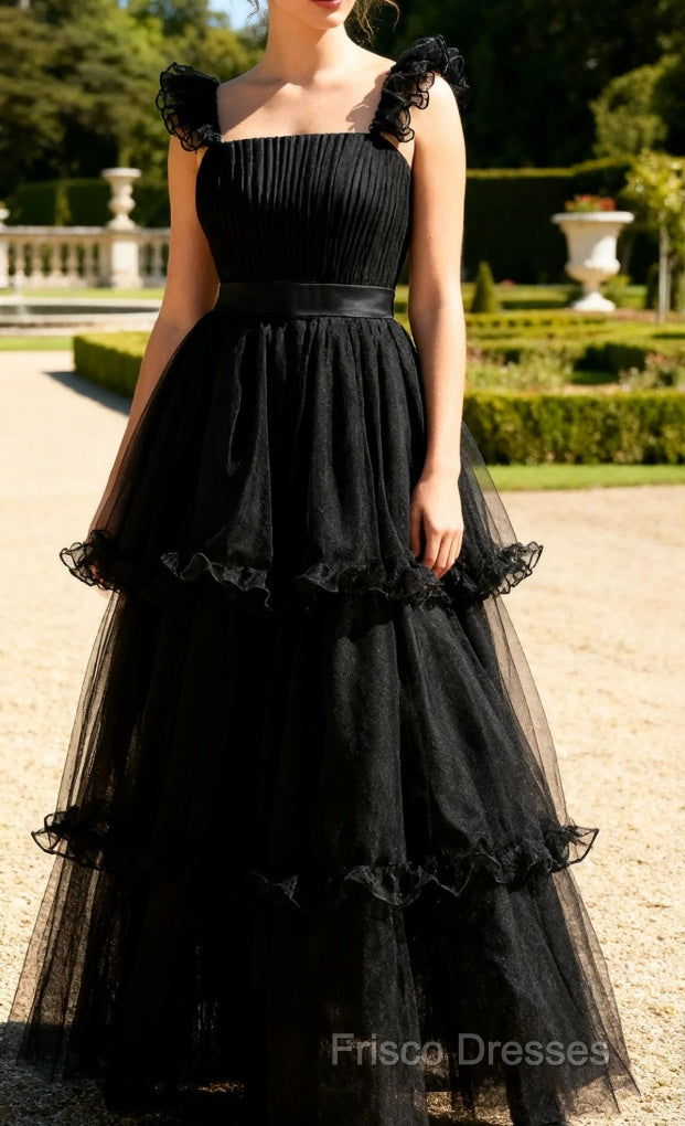 Black A Line Spaghetti Straps Tulle Formal Dress Main image