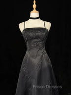 Black A-Line Straps Beaded Floor Length Party Dress, Black Satin Long Formal Prom Dress