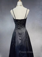 Black A-Line Straps Beaded Floor Length Party Dress, Black Satin Long Formal Prom Dress