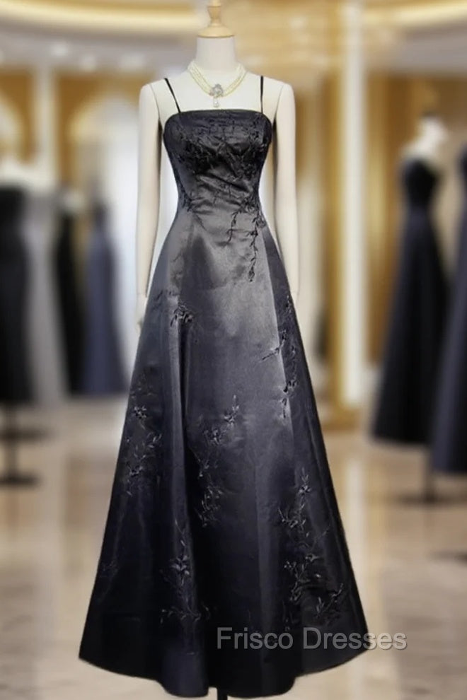 Black A-Line Straps Beaded Floor Length Party Dress, Black Satin Long Formal Prom Dress Main image