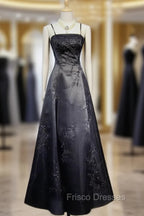 Black A-Line Straps Beaded Floor Length Party Dress, Black Satin Long Formal Prom Dress