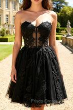 Black A Line Sweetheart Appliqued Sheer Corset Short Homecoming Dress