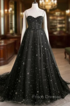 Black A line Sweetheart Neck Tulle Long Formal Prom Dress, Black Formal Graduation Dress