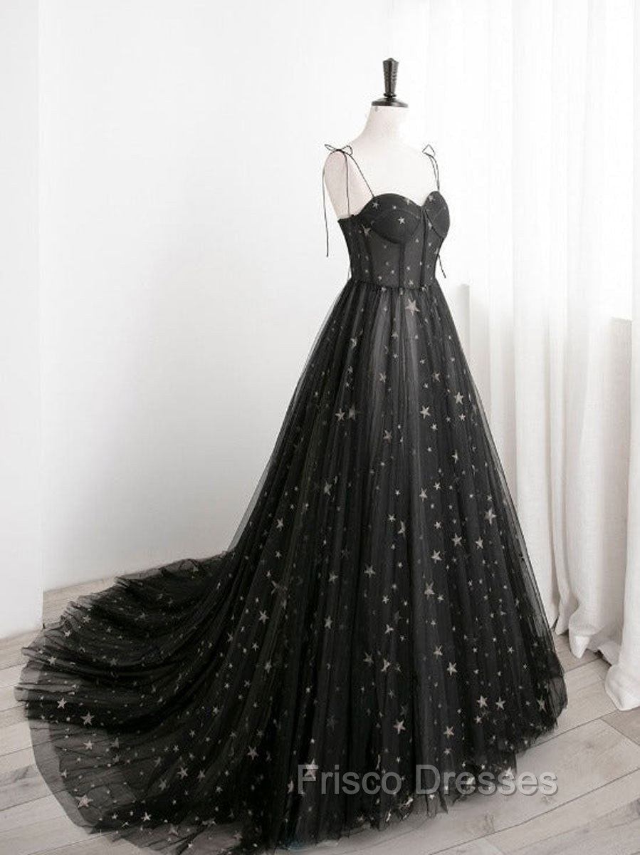 Black A line Sweetheart Neck Tulle Long Formal Prom Dress, Black Formal Graduation Dress