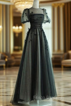 Black A-Line Tulle Butterfly Long Formal Prom Dress, Black Long Evening Dress
