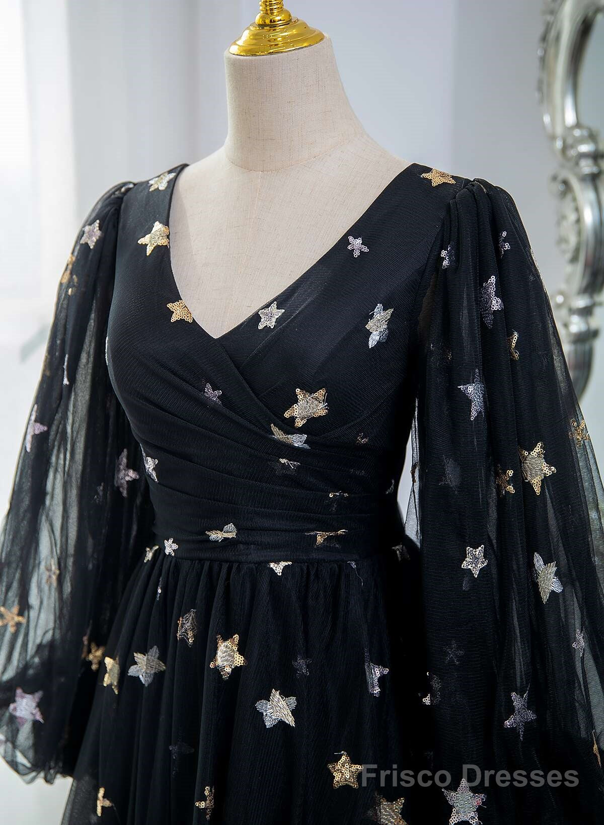 Black A-Line Tulle Evening Dress Party Dress, Black Long Sleeves Prom Dress Secondary image