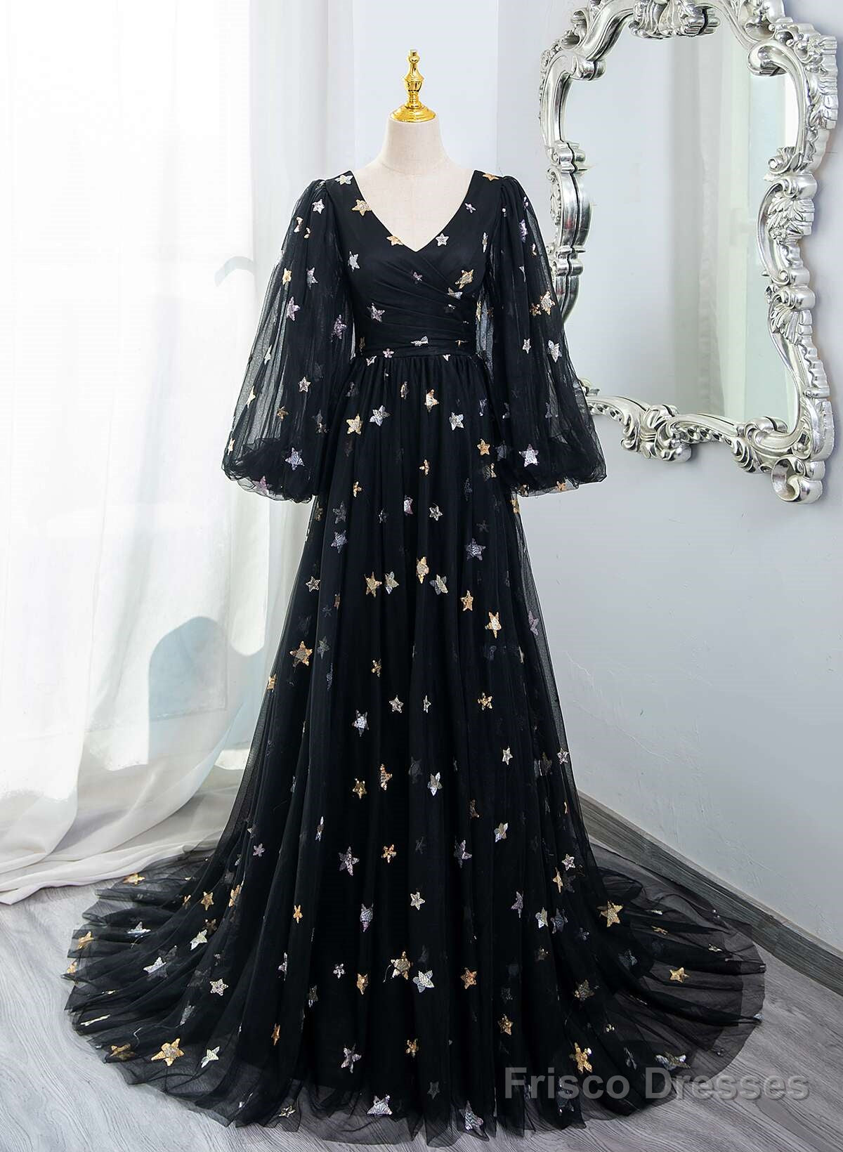 Black A-Line Tulle Evening Dress Party Dress, Black Long Sleeves Prom Dress