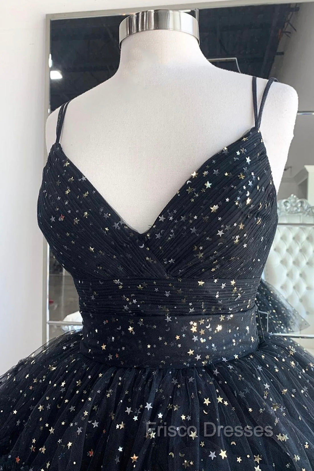 Black A-Line Tulle High Low Formal Prom Dress, V-Neck Evening Party Dress