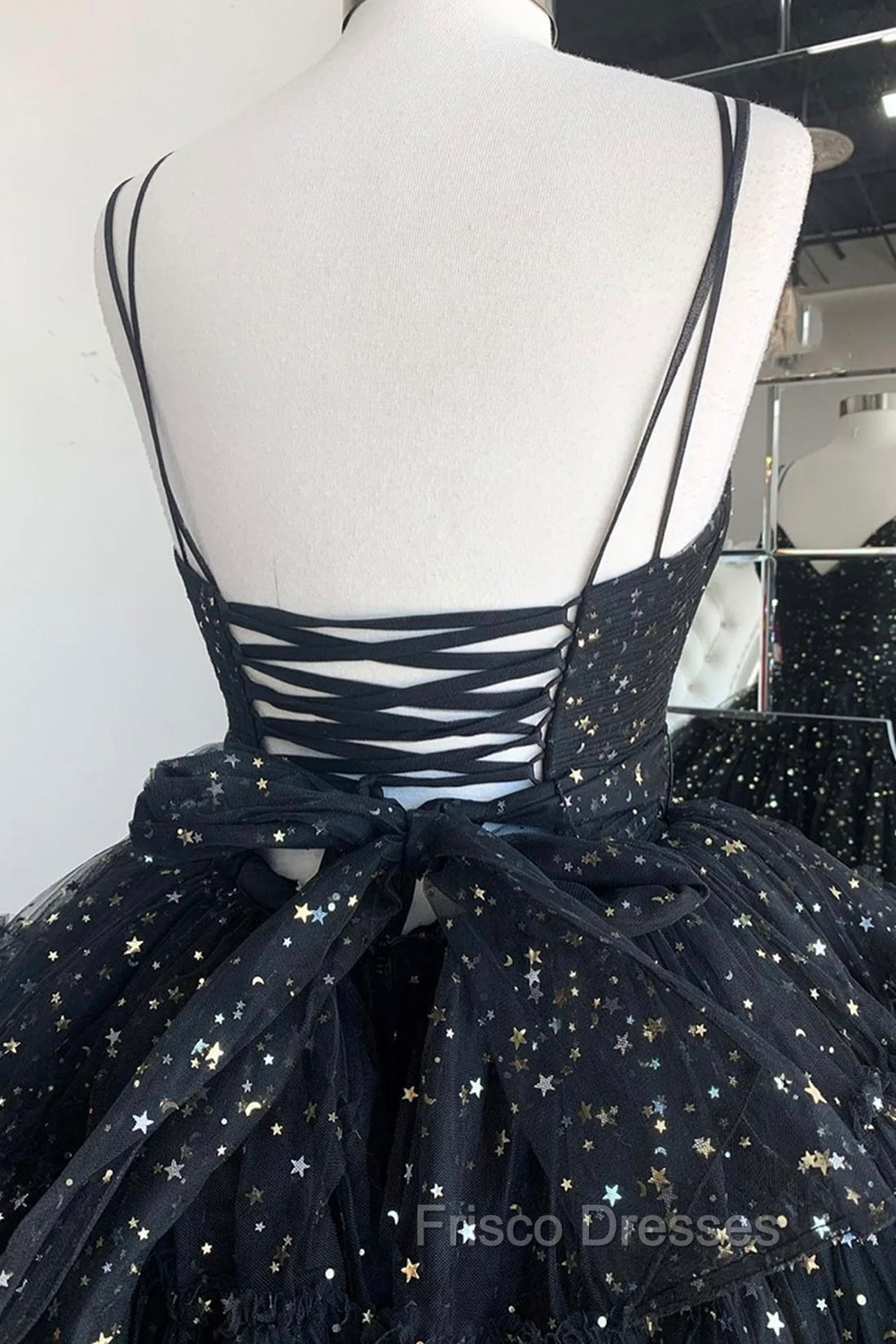 Black A-Line Tulle High Low Formal Prom Dress, V-Neck Evening Party Dress