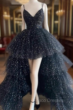Black A-Line Tulle High Low Formal Prom Dress, V-Neck Evening Party Dress