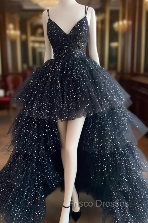 Black A-Line Tulle High Low Formal Prom Dress, V-Neck Evening Party Dress