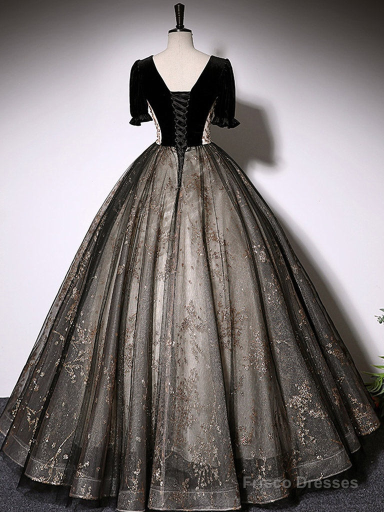 Black A-Line Tulle Lace Long Prom Dress, Black Lace Formal Dress Main image