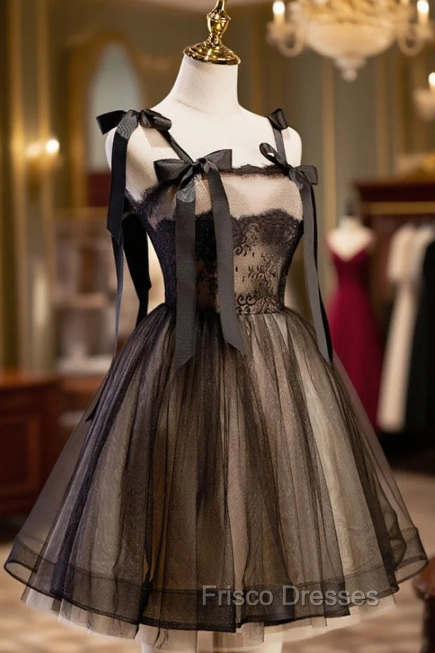 Black A-Line Tulle Lace Short Formal Prom Dress, Black Lace Homecoming Dress Secondary image
