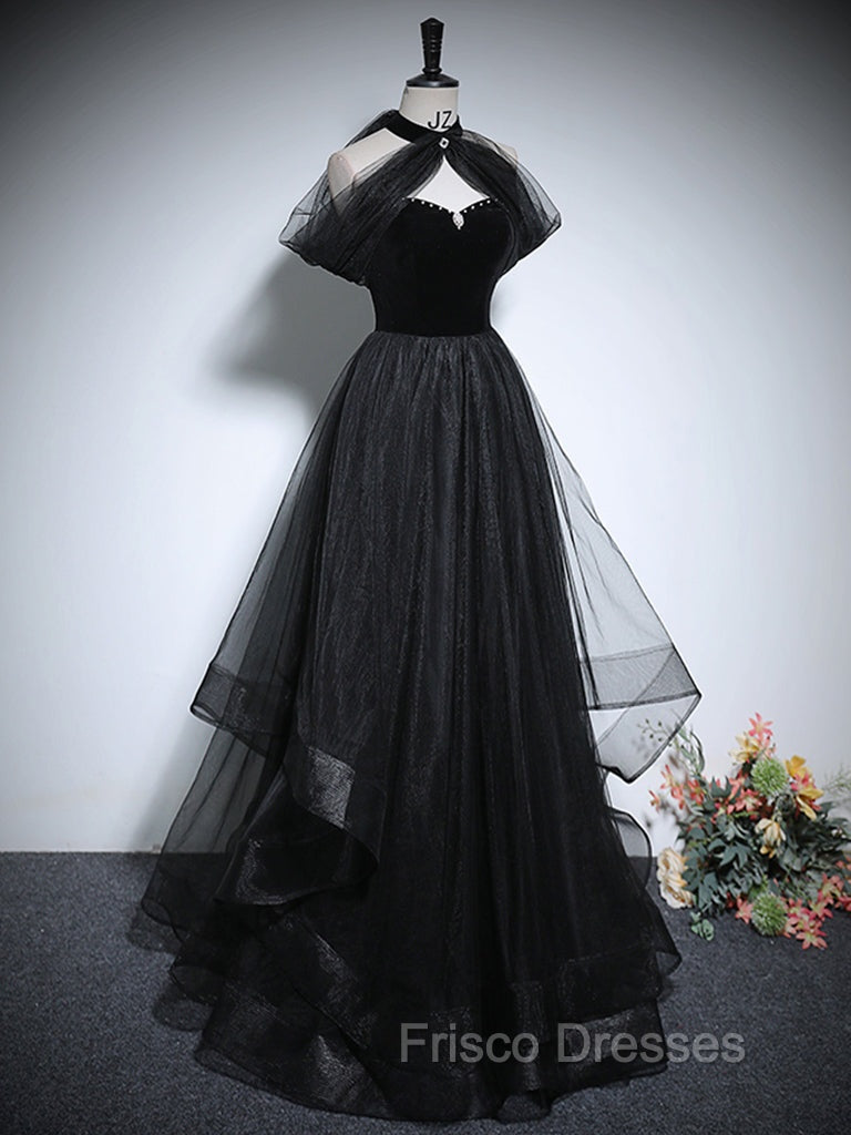 Black A-Line Tulle Long Formal Prom Dress, Black Long Evening Dress