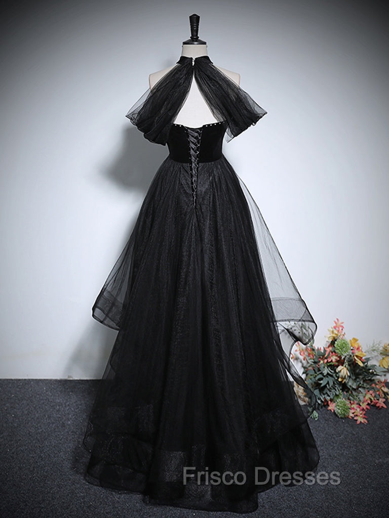Black A-Line Tulle Long Formal Prom Dress, Black Long Evening Dress