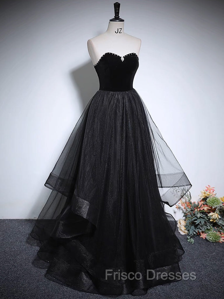 Black A-Line Tulle Long Formal Prom Dress, Black Long Evening Dress