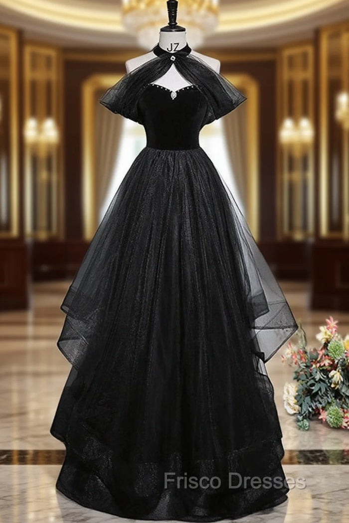 Black A-Line Tulle Long Formal Prom Dress, Black Long Evening Dress Main image