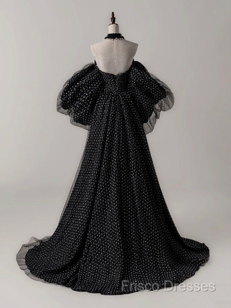 Black A- Line Tulle Long Formal Prom Dress, Black Long Formal Dress