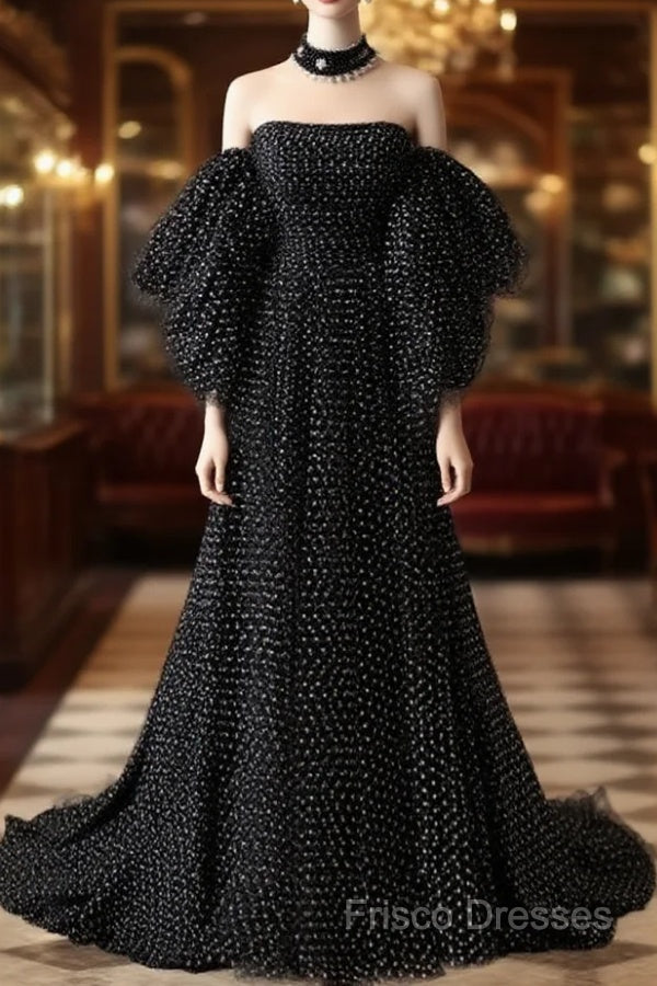 Black A- Line Tulle Long Formal Prom Dress, Black Long Formal Dress