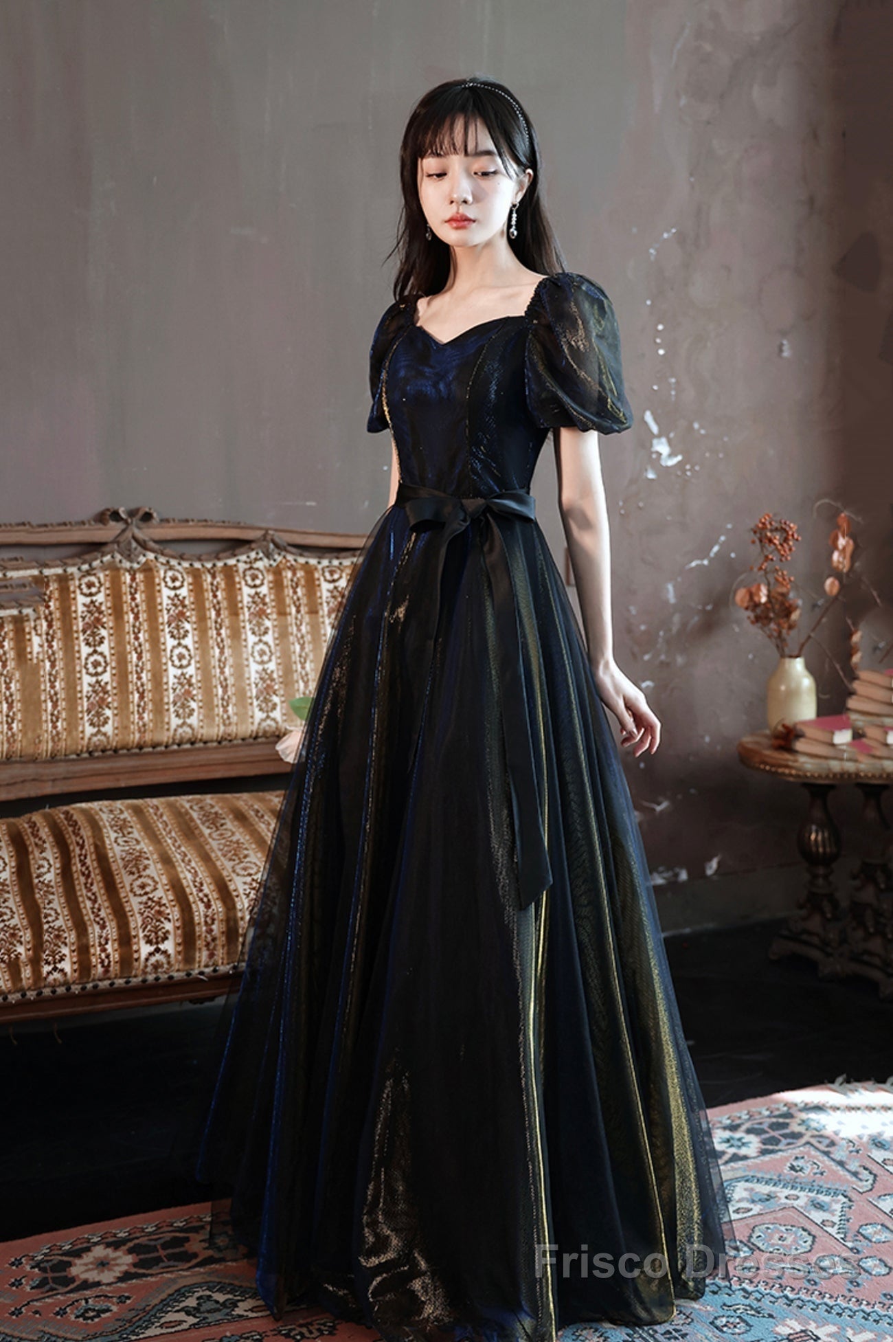 Black A-Line Tulle Long Prom Dress, Black Short Sleeve Evening Dress Main image